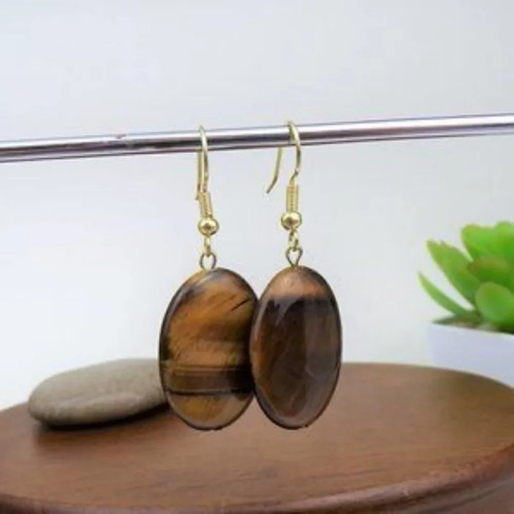 Oval Tiger Eye Bead Gold Tone Hook Earrings